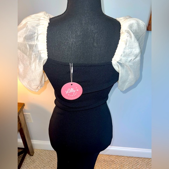 Lilly’s Kloset Womens Bodycon Stretch Black Dress Midi Beige Puff Sleeve Size S - Picture 2 of 6